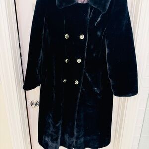 Vintage Black Velvety Long Coat Faux Fur Size 18 1/2 Borgessa